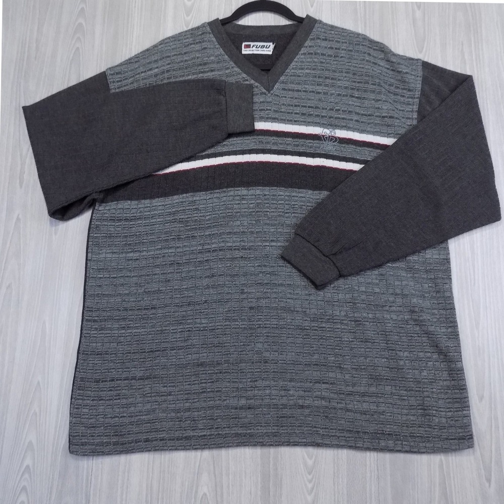 FUBU Vintage V-neck Knit Top Mens XXL Gray Striped Textured 90s Streetwear EUC
